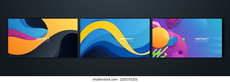 Set of gradient flowing geometric pattern background texture for poster cover design. Minimal color abstract gradient banner template. Modern vector wave shape for brochure