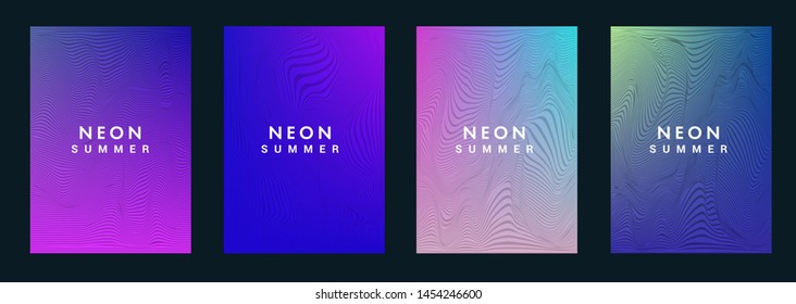 Set of gradient fluid background with glitch moire pattern for advertising, flyer, music poster, brochure in trendy pink, blue, green colors. Vaporwave/ retrowave/ cyberpunk 80s-90s style.