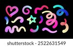 Set of gradient fluid lines and shapes. Flowing futuristic elements in vibrant colors. Editable ribbons, geometric smooth shapes for party designs, event backgrounds. Vector illustration.