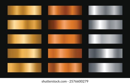 Set of gradient gold silver and metallic foil texture design on black background.collection of metallic gradient banners for borders, frames, ribbons, labels decoration