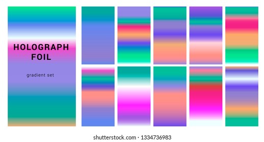 Set of gradient holographic swatches. Neon metallic colors.