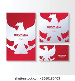 Conjunto Gradiente Indonesia ilustración del día de la independencia. Tarjeta de felicitación, Anuncio y fondo del gradiente del día de la independencia de Indonesia feliz