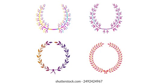Set Of Gradient Laurel Wreaths On White Background, Symbol Of Winner Flat Style Vector Illustration. 