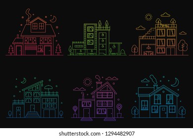 Set of gradient line urban and suburban houses isolated on black background outline vector illustration.