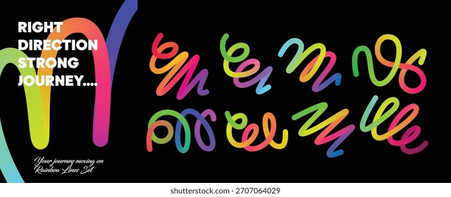 Conjunto de líneas de degradado. Diseño de patrón de Elementos ondulados 3D colorido. Líneas de Vector de Elementos Abstractas sobre fondo negro