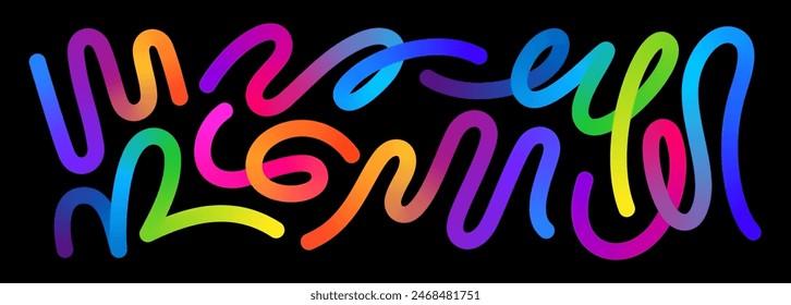 Set of Gradient Lines in Doodle Style. Abstract 3d Graphic Design Elements. Vector Color Squiggle Shapes. 