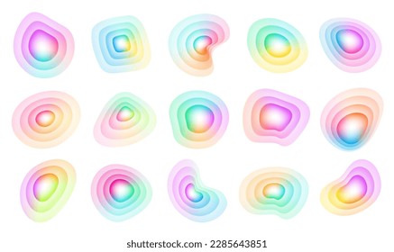 Set of gradient liquid color fluid shapes. Abstract blur free form, iridescent colors effect, isolated objects for design, banner, flyer, business card, poster, web