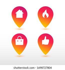 Set of gradient location icons for shop. Design elements for app, UI and blogs. Like sign, home, hot sale and shop icons. Isolated vector illustrations. Social media concept. EPS 10