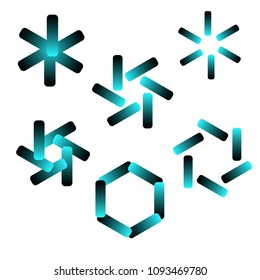 a set of gradient logos in colors black and blue,the shape of a flower,the shape of rotating blades, moving energy.6 pieces, consisting of 6 elements;for sea products,van,conditioner,fridge,snow