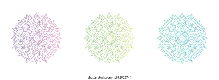 Set of gradient mandalas on white background. Vector indian ornament. Floral mandalas in indian style. Yoga concept.