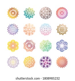 Reihe von Gradientenmandalas oder orientalischen Dekorationen auf weißem Hintergrund