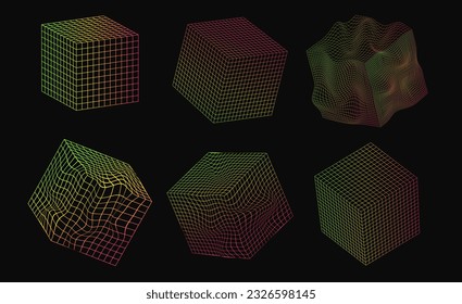 Set gradient neon cube shape stickers with different linear form inspired by brutalism, cyberpunk collection strange wireframes vector 3d geometric shapes, distortion and transformation of figure