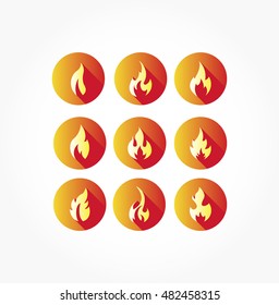set of gradient orange red flat circle icon of flames in different shapes
