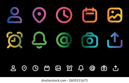 Set of gradient outline icons on black background. Includes symbols of user, location, clock, calendar, image, alarm, call, email, camera and download. Design for mobile applications, websites.