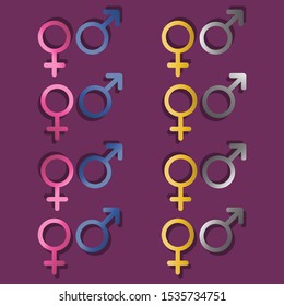 Set of gradient pair of gender symbols of man and woman, venus and mars, with different shadows, pink and blue, gold and silver, purple background, vector graphics, vector illustration