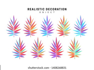 set of gradient palm branches in 3d, Color blue and pink illustration design isolated on white background. branch hologram leaves. Vector graphics