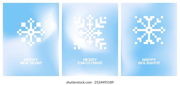 Farbverlauf-Pastellfarben-Winterhintergrund. Minimalistische Poster mit Schneeflocken in Pixelart. Wintersaison pastellblaue Farben vertikales Vektorbanner. Designkarte mit unscharfem Himmelsverlauf, Feiertagsgrüße