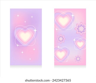 Set of gradient pink and purple blurred backgrounds in pastel colors. Story background with blurred y2k hearts with linear orbits, stars. Social networking concept. Vector illustration.