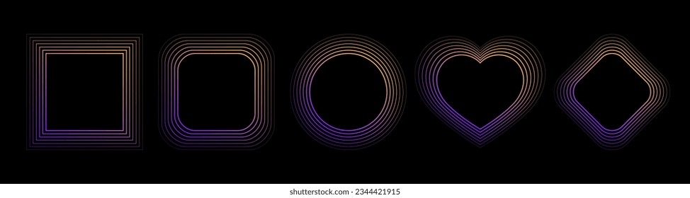 Set of  gradient purple and gold abstract frames.  Black background. Blended lines effect. Geometric shapes: square, circle, heart, rhombus