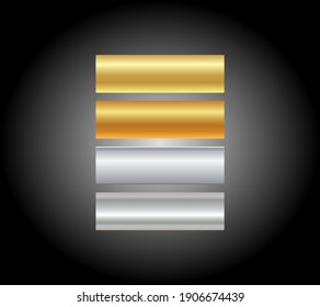 conjunto de rectángulos degradados de colores dorados y plateados sobre fondo negro con círculo borroso 