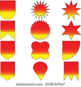 "Set of gradient red and yellow geometric shapes including banners, stars, shields, and abstract forms for graphic design, decoration, and creative vector illustrations"