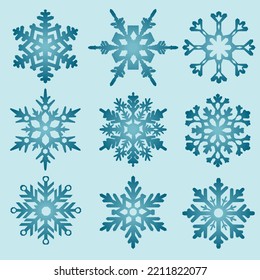 Set of gradient snowflakes. Blue and dark blue shades
