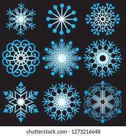 Set of gradient snowflakes isolated on black background for christmas decoration, eps 8
