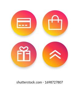Set of gradient social media buttons for shop. Design elements for app, UI and blogs. Card sign, shopping, gift and swipe up icons. Isolated vector illustrations. EPS 10