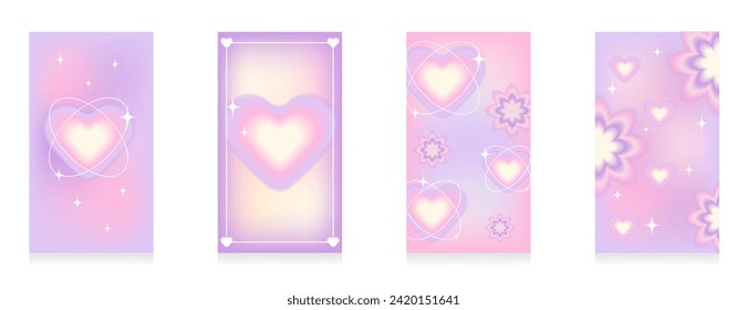 A set of gradient social media story templates in the style of the 90s,2000s. Trendy glamor aesthetic y2k with hearts. Pastel pink, beige, purple, lilac colors. Vector illustration.