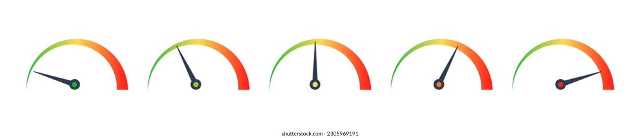 Set of gradient speedometer vector icons. Speed scale. Slow, medium, good and maximum indicator. Vector 10 Eps.