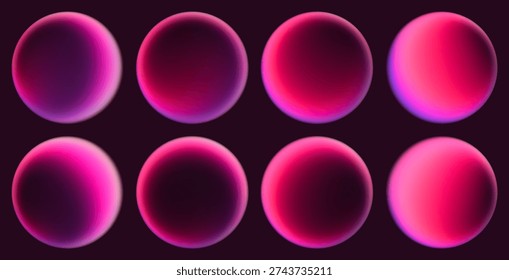 Set of gradient spheres in pink magenta purple tones with neon glow effect. Luminous spheres with smooth gradient. Neon pink purple spherical shapes set with soft lighting for modern design, digital art, beauty concept. Futuristic 3d orbs collection. Modern glossy shapes with soft light reflections for creative branding and web layouts. Vibrant magenta purple fuchsia gradient spheres for trendy web design and marketing visuals. Vector illustration