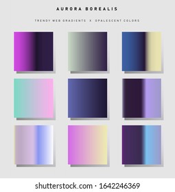 Set of gradient swatches in colors of polar lights: green, violet, purple and black. Chromatic shiny palette.