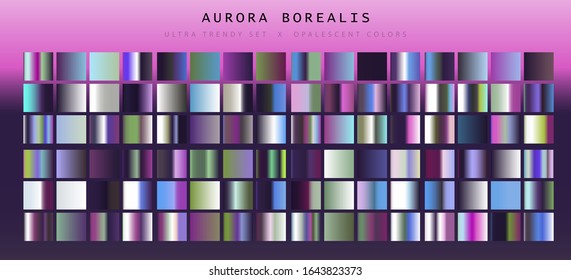 Set of gradient swatches in colors of polar lights: green, violet, purple and black. Chromatic shiny palette.