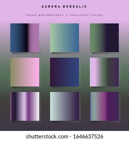 Set of gradient swatches in colors of polar lights: green, violet, purple and black. Chromatic shiny palette.
