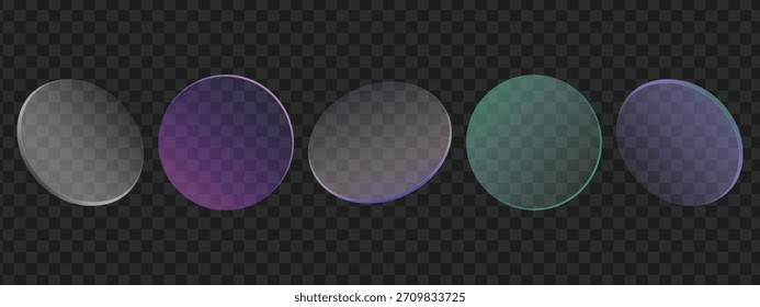 Conjunto de círculos de vidrio transparente degradado. Aislado sobre fondo transparente. Coloridas formas holográficas redondas en 3D. Elementos de diseño de Vector.