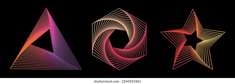 Set of gradient twisted spirals. Twisted wireframe tunnels of different shapes: triangle, hexagon, star isolated on a dark background. design element. Swirl symbols. Colored thin lines.