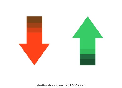 Conjunto de gradiente hacia arriba elemento de flechas verdes y rojas hacia abajo. Conceptos financieros, de ganancias, de crecimiento, de pérdidas, de negocios. Ilustración de diseño aislado de Vector plano sobre fondo blanco.