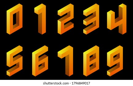 Set of gradient yellow numbers in isometric style. Isolated on black background
