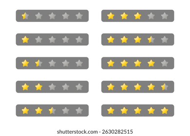 Set of Gradient Yellow Rating Star icon for Game from 0,5 to 5 Stars isolated on Gray Label Frame. High Quality Editable Icon Vector