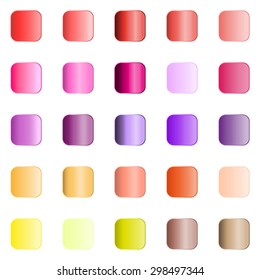 Set gradients. 25 buttons made in warm colors. Yellow, orange, red, pink, beige, purple, peach.
