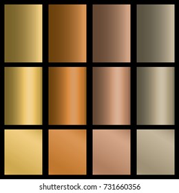 Set of gradients in gold, silver, bronze colors.