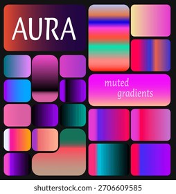 Set of gradients in muted soft colors in Bento grid layout. Aura holographic style swatches for modern futuristic designs.