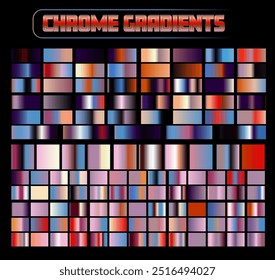 El conjunto de Gradientes va desde tonos pastel claros hasta colores oscuros y llamativos, con muchos de ellos con un brillo metálico y cromado. Una paleta con una mezcla de colores naranja, rojo, púrpura, azul y negro. 