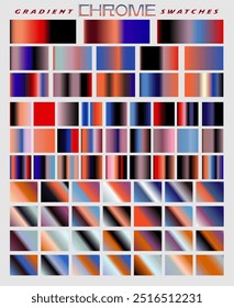 Set of gradients range from light pastel shades to dark, bold colors, with many featuring a metallic, chrome-like shine. A palette with a mix of orange, red, purple, blue and black colors. 