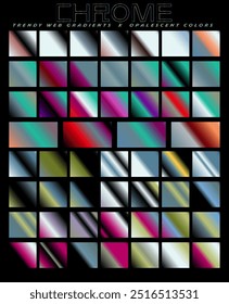 El conjunto de Gradientes va desde tonos pastel claros hasta colores oscuros y llamativos, con muchos de ellos con un brillo metálico y cromado. Una paleta con una mezcla de colores naranja, rojo, púrpura, azul y negro. 