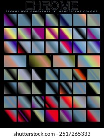 El conjunto de Gradientes va desde tonos pastel claros hasta colores oscuros y llamativos, con muchos de ellos con un brillo metálico y cromado. Una paleta con una mezcla de colores naranja, rojo, púrpura, azul y negro. 