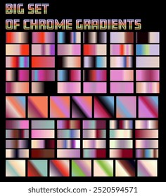 Set of gradients range from light pastel shades to dark, bold colors, with many featuring a metallic, chrome-like shine. A palette with a mix of orange, red, purple, blue and black colors. 