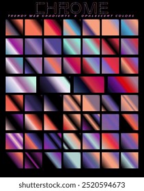 Set of gradients range from light pastel shades to dark, bold colors, with many featuring a metallic, chrome-like shine. A palette with a mix of orange, red, purple, blue and black colors. 