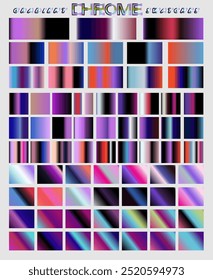 El conjunto de Gradientes va desde tonos pastel claros hasta colores oscuros y llamativos, con muchos de ellos con un brillo metálico y cromado. Una paleta con una mezcla de colores naranja, rojo, púrpura, azul y negro. 