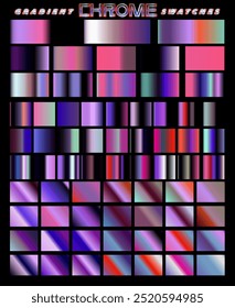 El conjunto de Gradientes va desde tonos pastel claros hasta colores oscuros y llamativos, con muchos de ellos con un brillo metálico y cromado. Una paleta con una mezcla de colores naranja, rojo, púrpura, azul y negro. 